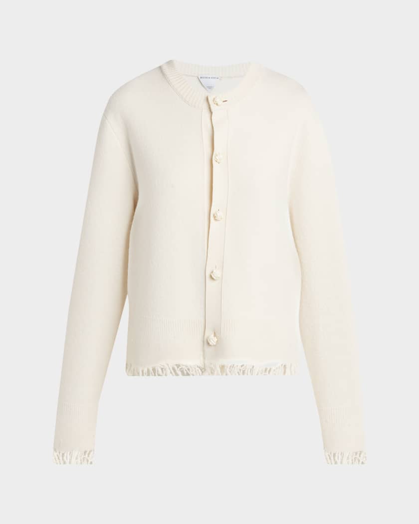 Bottega Veneta Intrecciato Button Fringed Wool Crewneck Cardigan