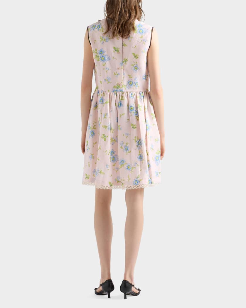 Prada Pleated Floral-Print Linen Dress | Neiman Marcus