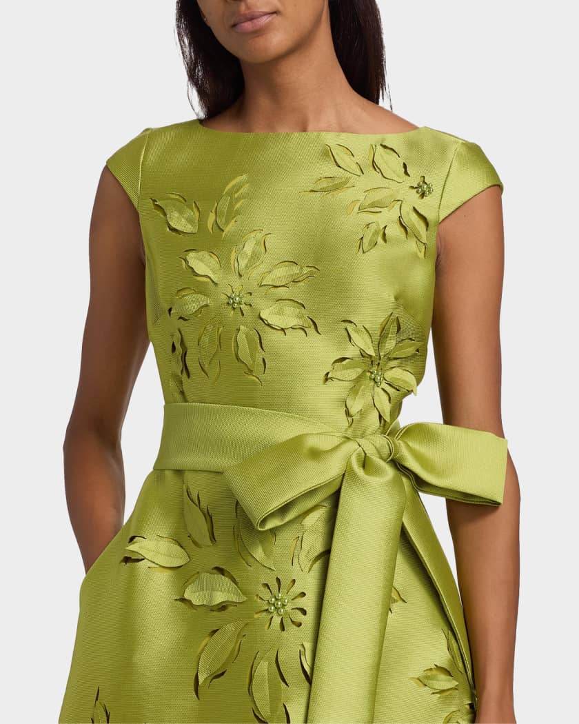 badgley mischka embroidered mesh dress Badgley Mischka Laser-Cut Floral-Embroidered Tie-Waist Midi Dress