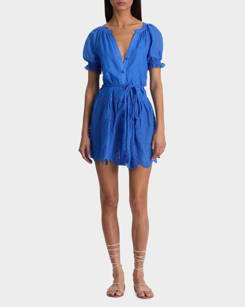 ALICE + OLIVIA Thalia Tie-Waist Eyelet Cotton A-Line Mini Dress