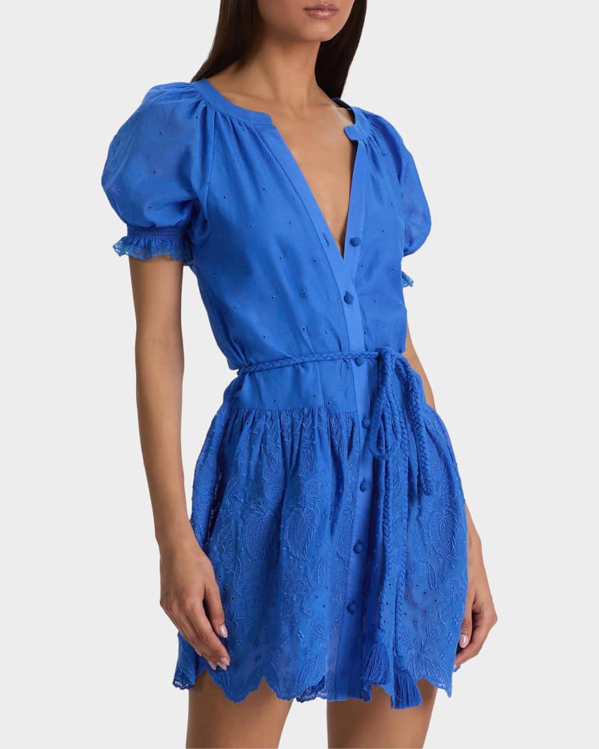 ALICE + OLIVIA Thalia Tie-Waist Eyelet Cotton A-Line Mini Dress