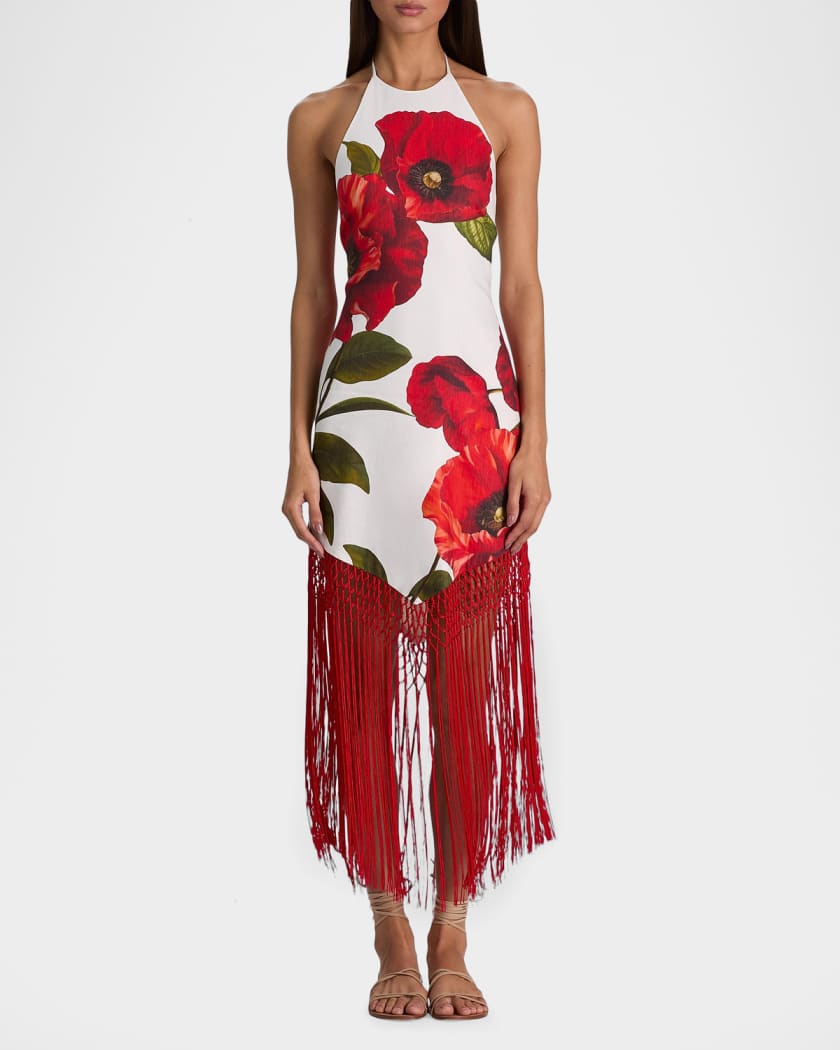 ALICE + OLIVIA Mallory Floral Fringed-Hem Midi Dress | Neiman Marcus