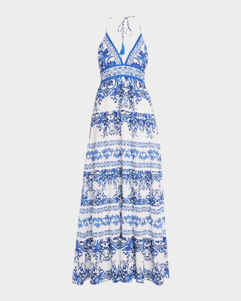 alice and olivia blue long dress CADBY DENIM RUFFLED MAXI DRESS in IVY BLUE
