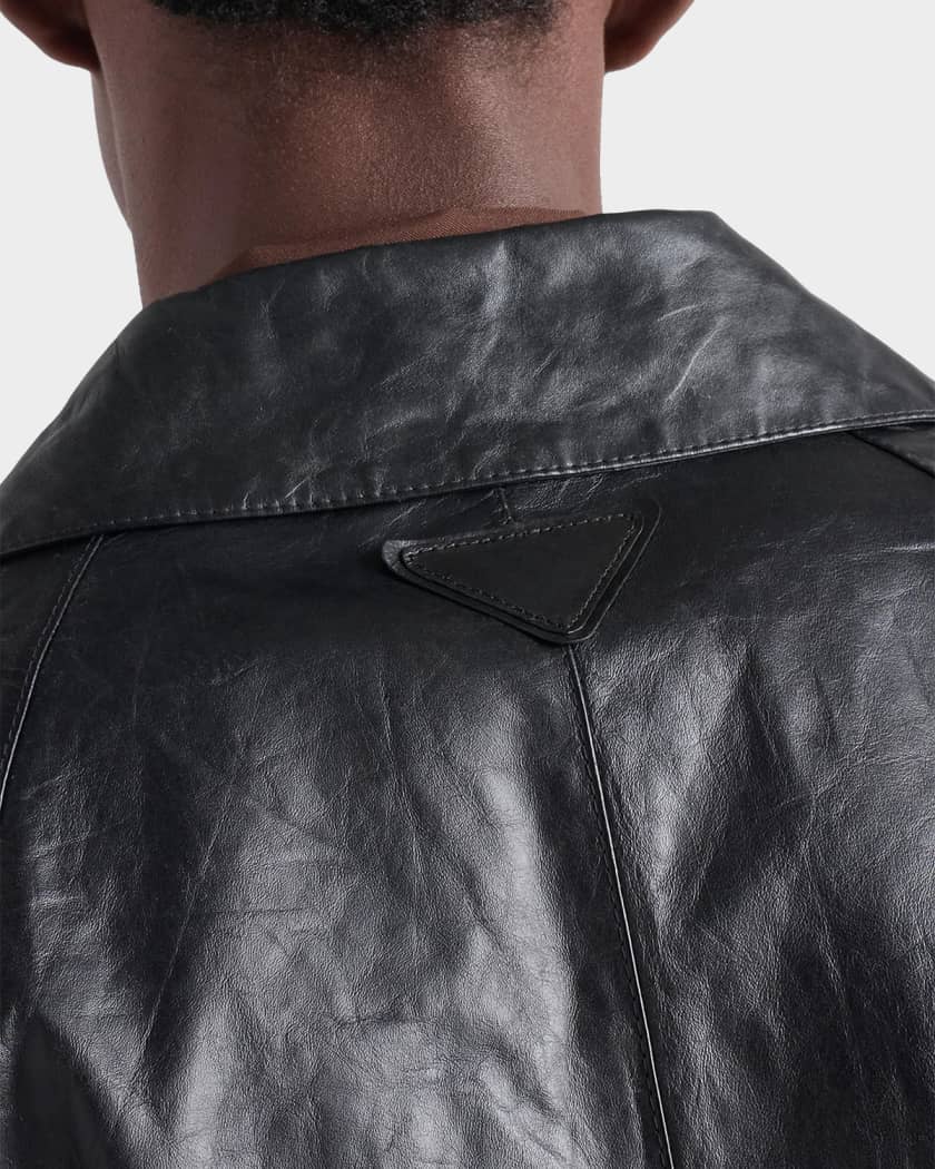 Prada Men's Vintage-Effect Leather Blouson Jacket | Neiman Marcus