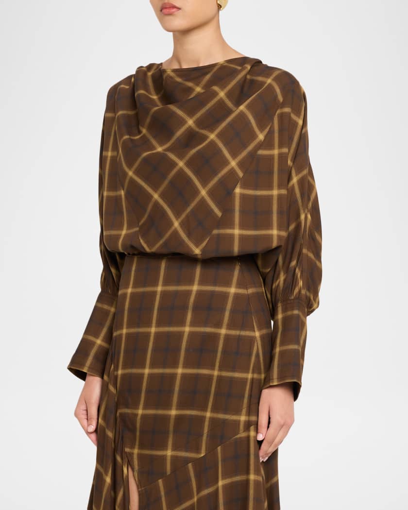Co Draped Batwing Check-Print Tunic Top | Neiman Marcus