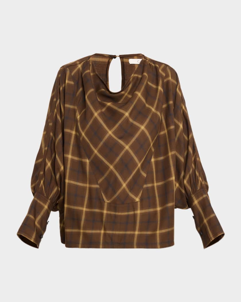 Co Draped Batwing Check-Print Tunic Top | Neiman Marcus