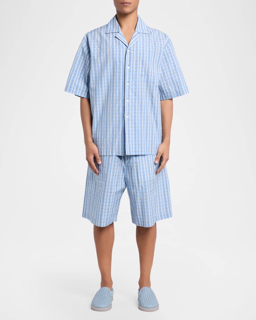 Bottega Veneta Men's Cotton and Silk Textured Plaid Short-Sleeve