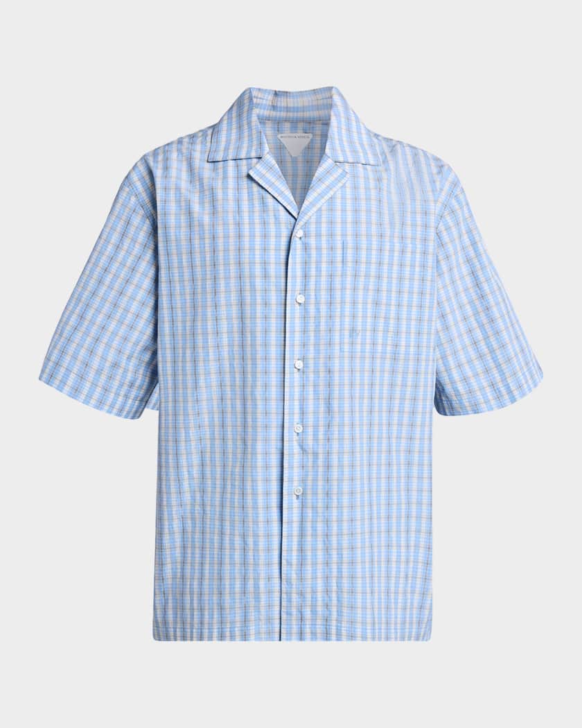 Bottega Veneta Men's Cotton and Silk Textured Plaid Short-Sleeve