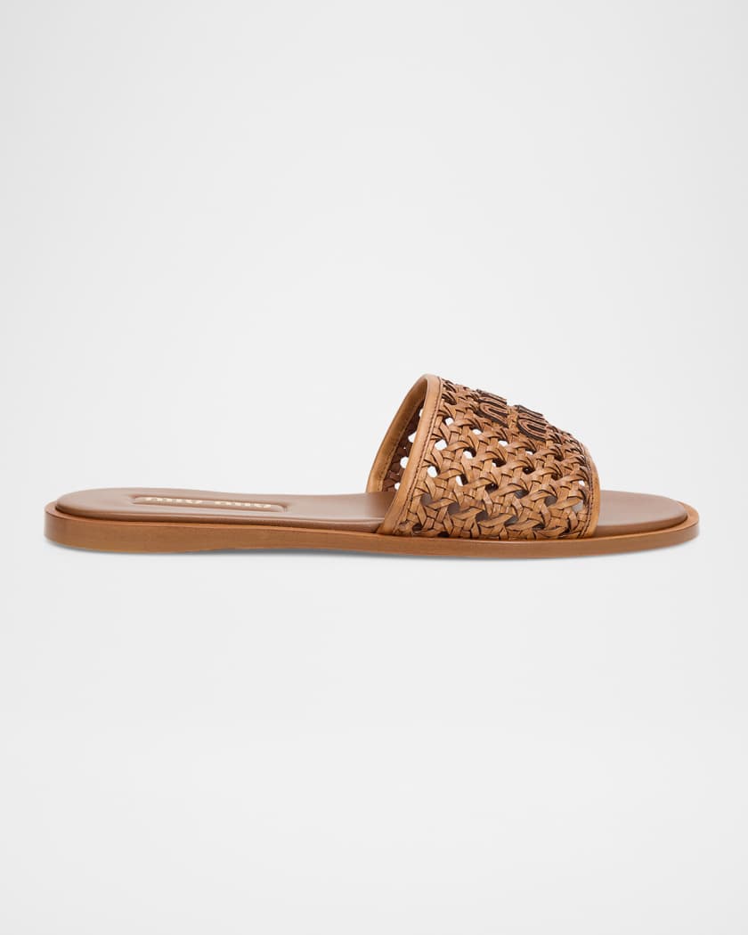 Miu Miu Woven Leather Flat Slide Sandals | Neiman Marcus