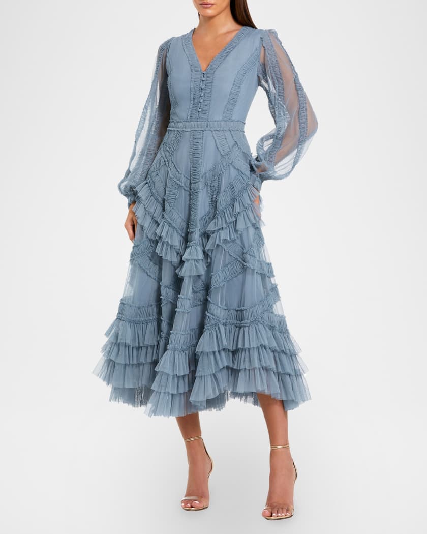 navy blue dress for baby girl Mac Duggal Mesh Micro Ruffle Midi-Dress
