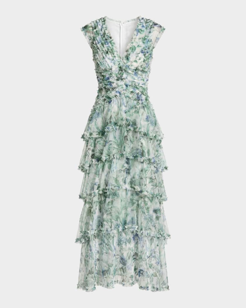 Mac Duggal Floral Mesh Ruffled V-Neck Maxi Dress | Neiman Marcus