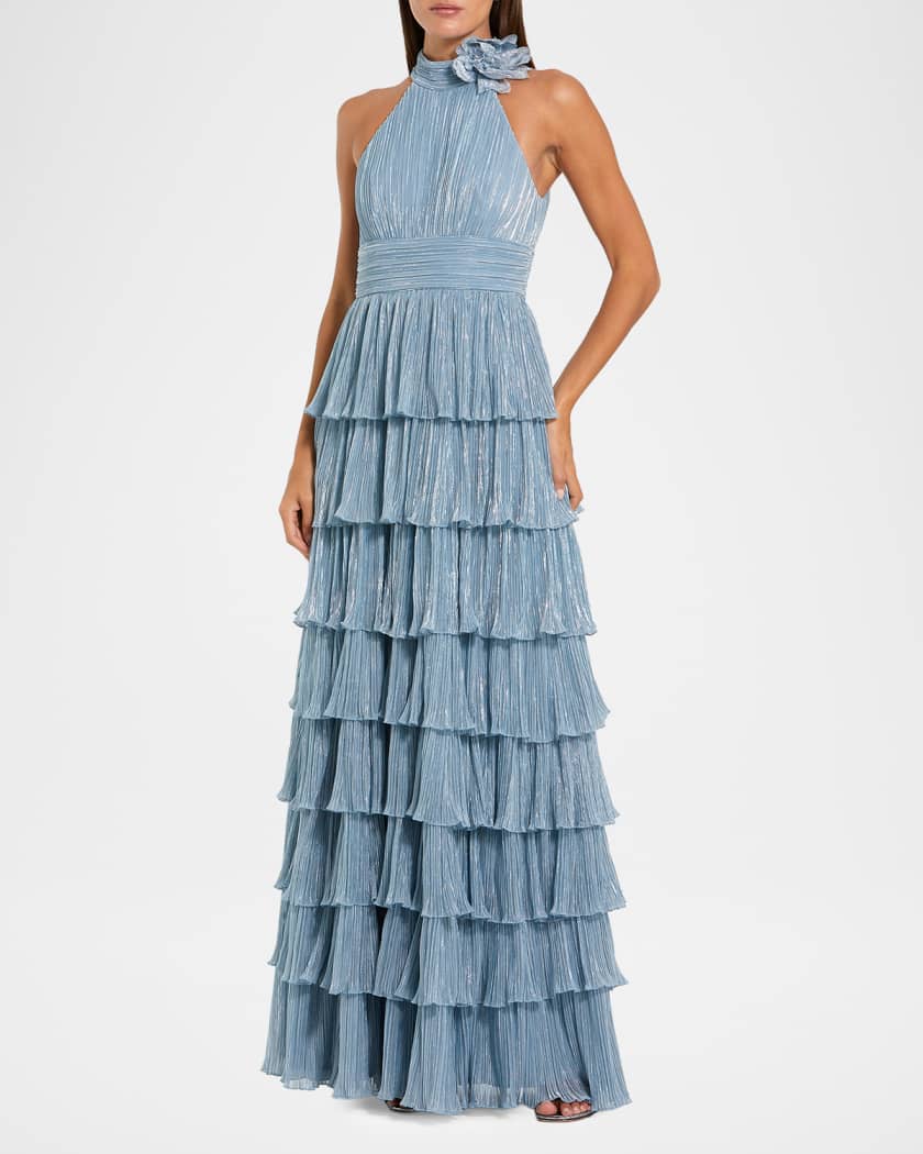 Mac Duggal Tiered Pleated Metallic Halter Gown | Neiman Marcus