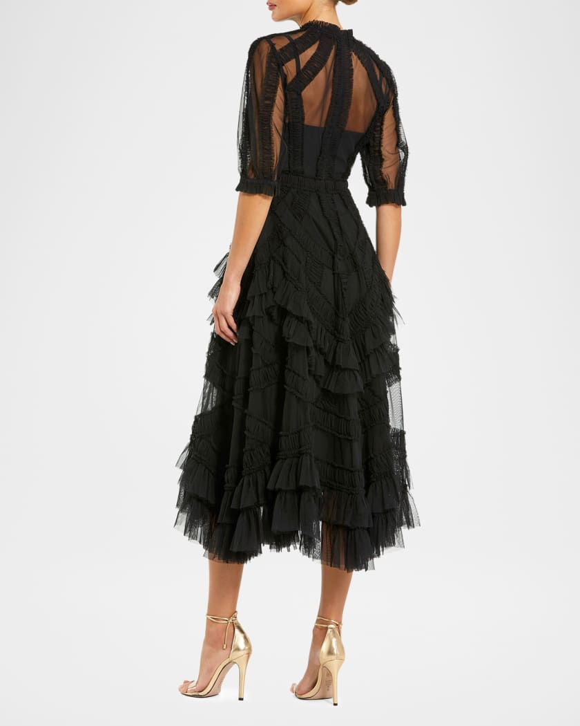 mac duggal short-sleeve high-neck ruffle midi dress Mac Duggal Women's Short Sleeve Mesh Mirco Ruffle Midi Dress
