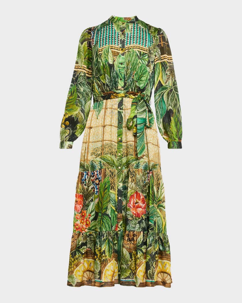Tahari Women's The Liliou Metallic Floral Print Long Sleeve Dress - Green - Casual Dresses