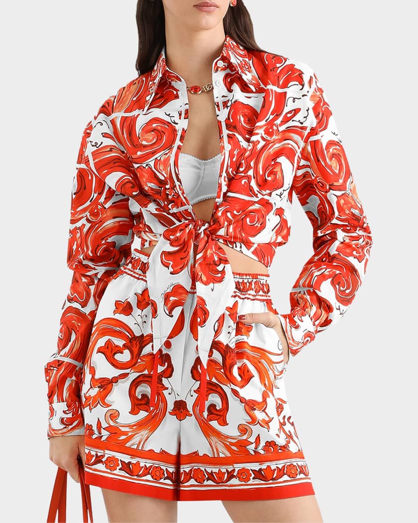 Dolce&Gabbana Majolica Cotton Poplin Long-Sleeve Crop Shirt