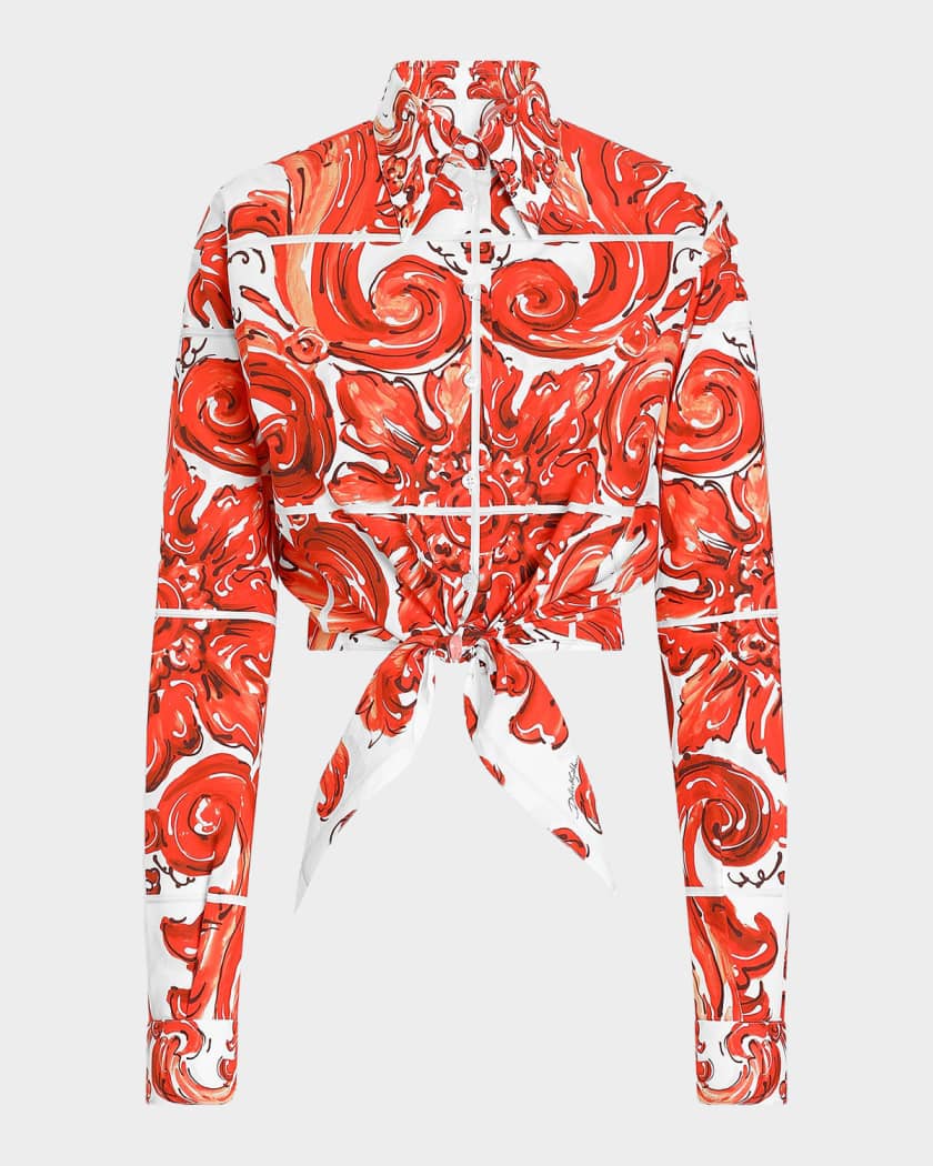 Dolce&Gabbana Majolica Cotton Poplin Long-Sleeve Crop Shirt