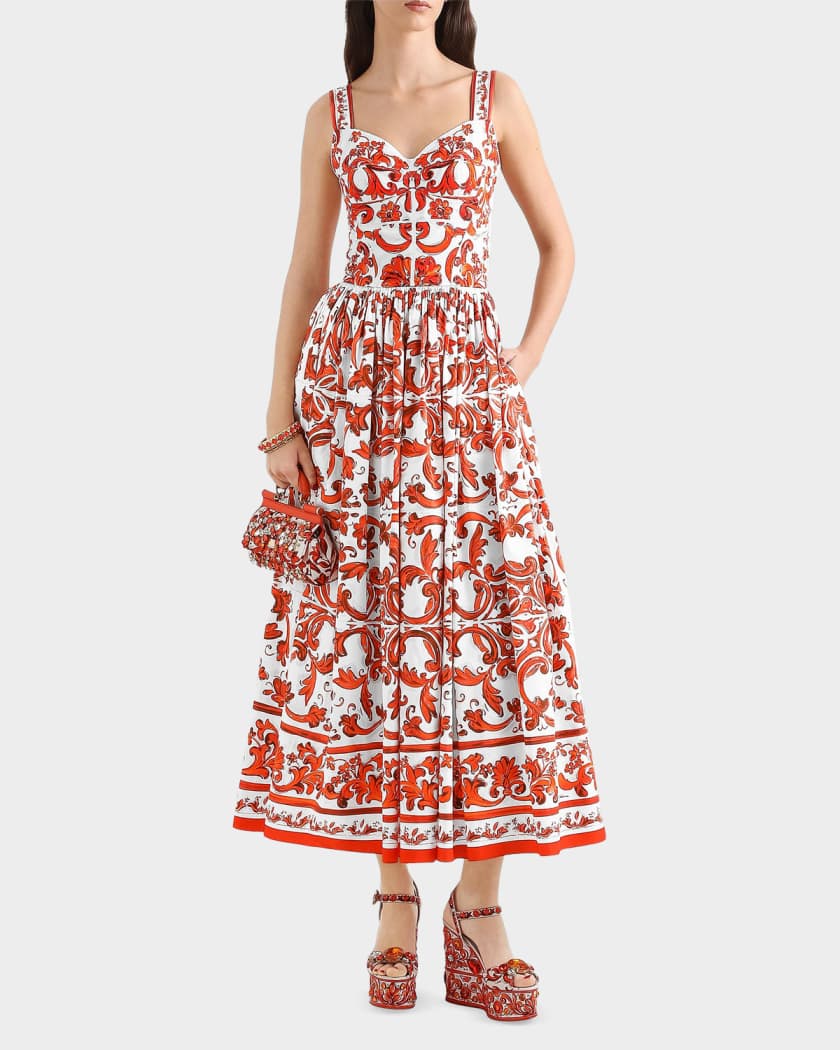 Dolce&Gabbana Majolica-Print Cotton Poplin Midi Dress | Neiman Marcus