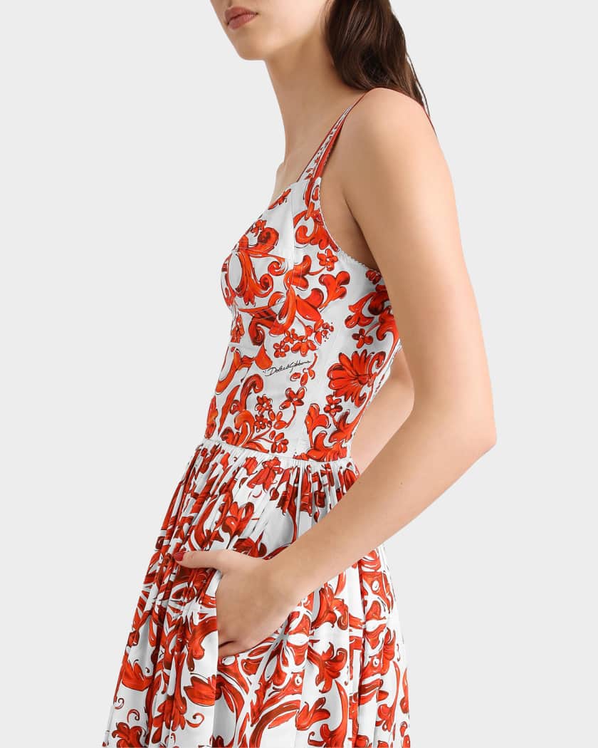Dolce&Gabbana Majolica-Print Cotton Poplin Midi Dress | Neiman Marcus