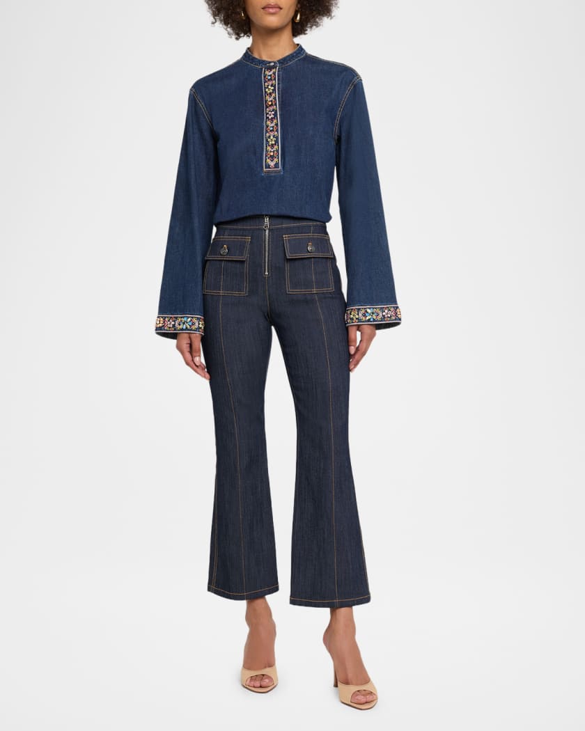 Cinq a Sept Birdie Embroidered Denim Top | Neiman Marcus