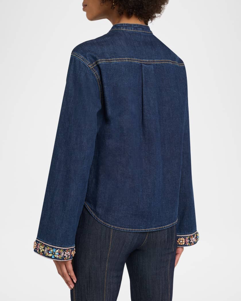 Cinq a Sept Birdie Embroidered Denim Top | Neiman Marcus