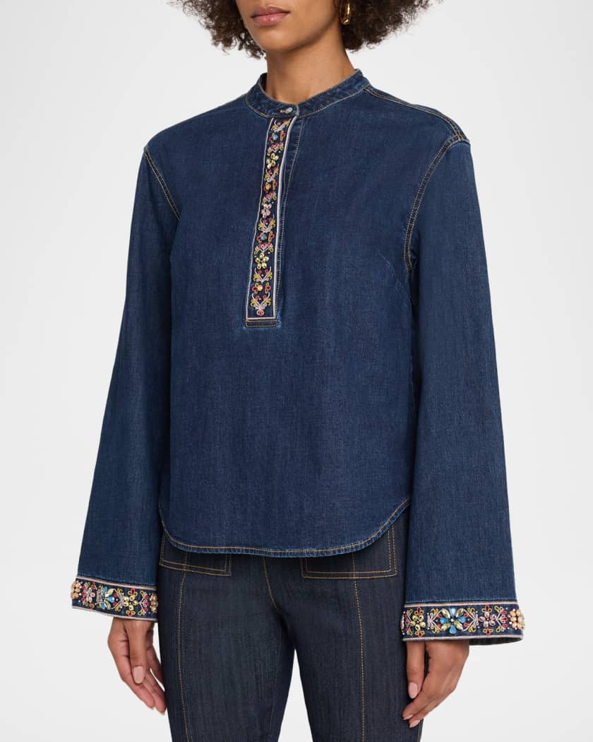 Cinq a Sept Birdie Embroidered Denim Top | Neiman Marcus