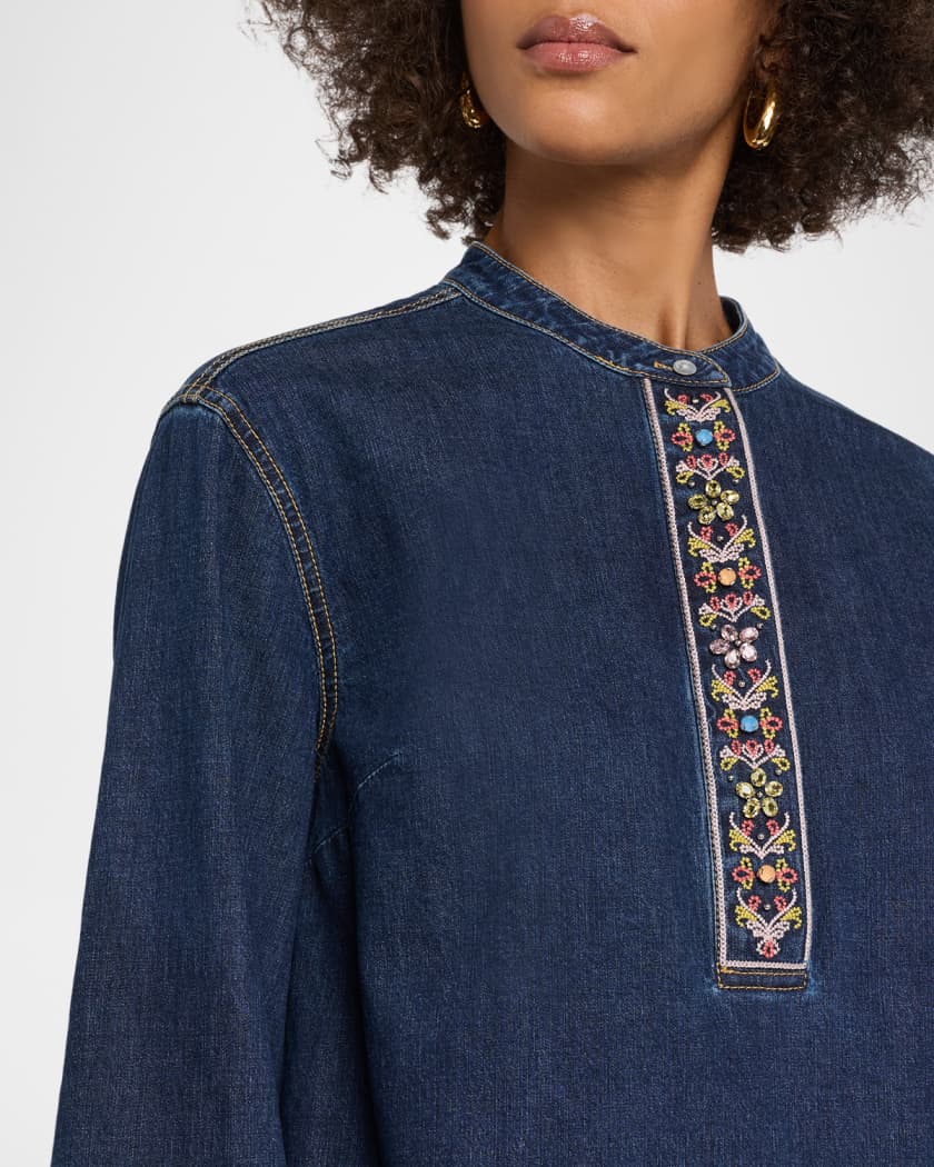 Cinq a Sept Birdie Embroidered Denim Top | Neiman Marcus