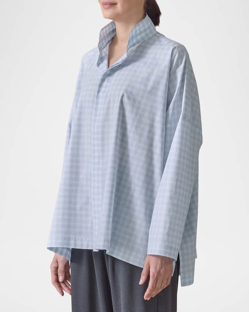 Eskandar Triple-Plaid Cotton Wide Longer Back Shirt Jacket