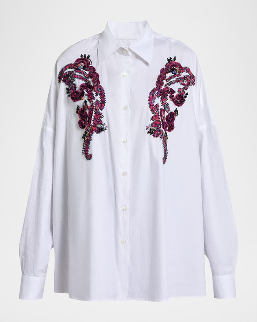 トップス DRIES VAN NOTEN Embroidery Oversized Tee Dries Van Noten Embroidered Cotton Poplin Oversized Shirt | Neiman