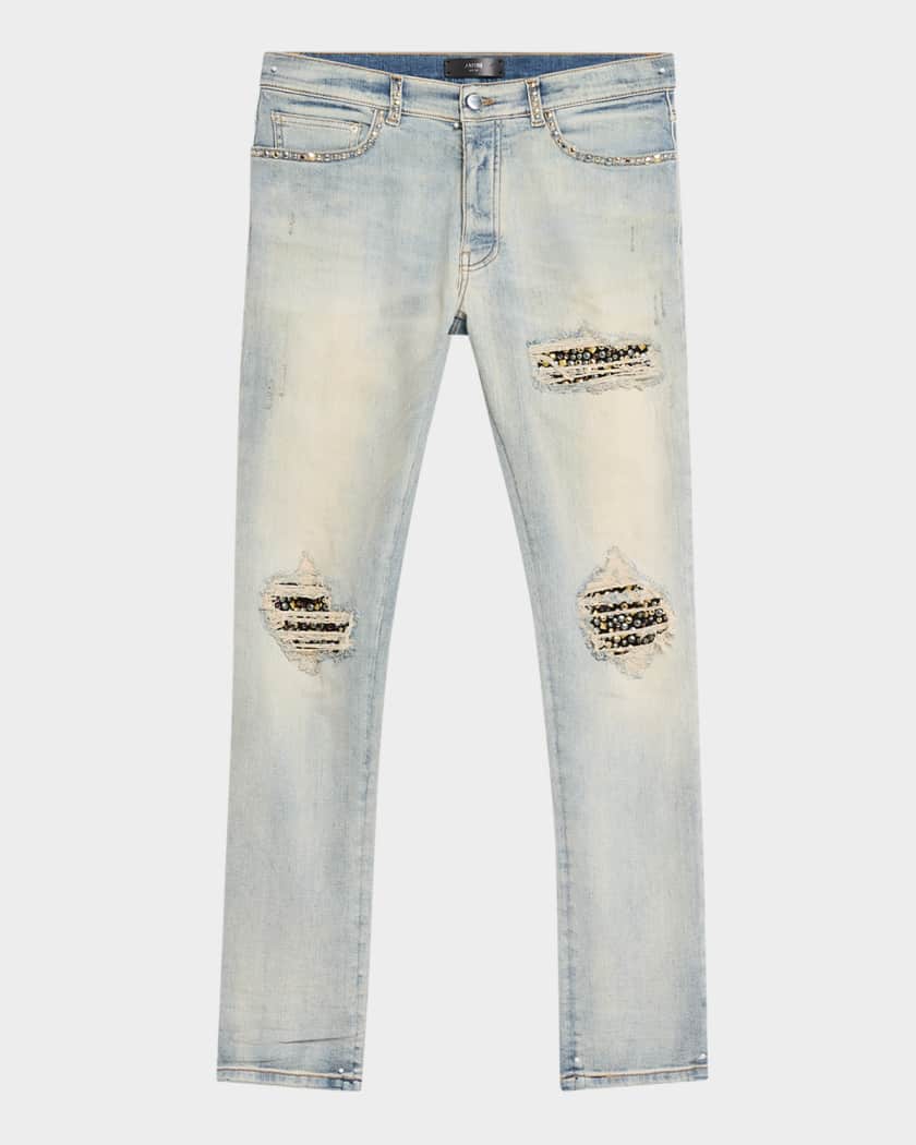 Amiri Men's Studded Rip and Repair Black Denim Skinny Jeans