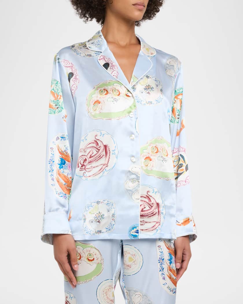 Olivia von Halle Lila Cadiz Seafood-Print Silk Satin Pajama Set