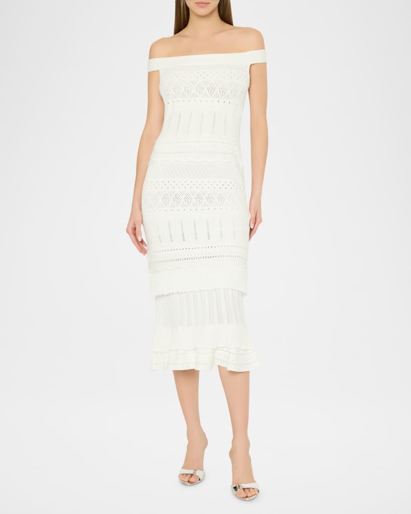 Milly Maven Off-Shoulder Pointelle Midi Sheath Dress | Neiman Marcus