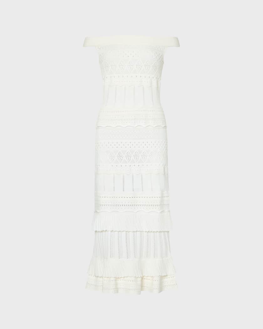 Milly Maven Off-Shoulder Pointelle Midi Sheath Dress | Neiman Marcus
