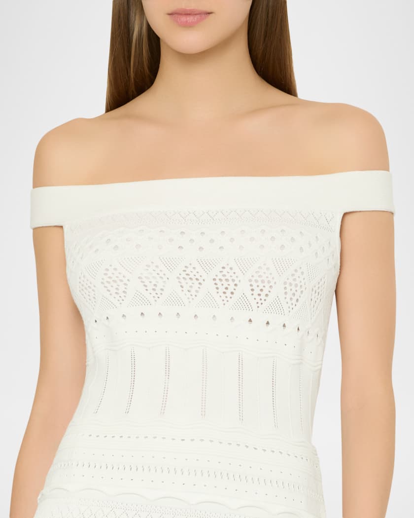 Milly Maven Off-Shoulder Pointelle Midi Sheath Dress | Neiman Marcus