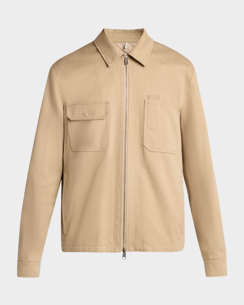 Moncler Men's Cotton Leather-Logo Shirt Jacket | Neiman Marcus