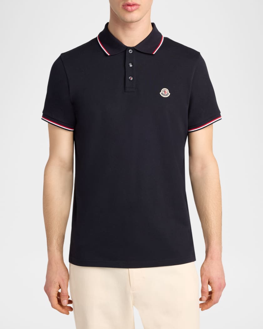 Moncler Men's Striped-Trim Cotton Pique Polo Shirt | Neiman Marcus