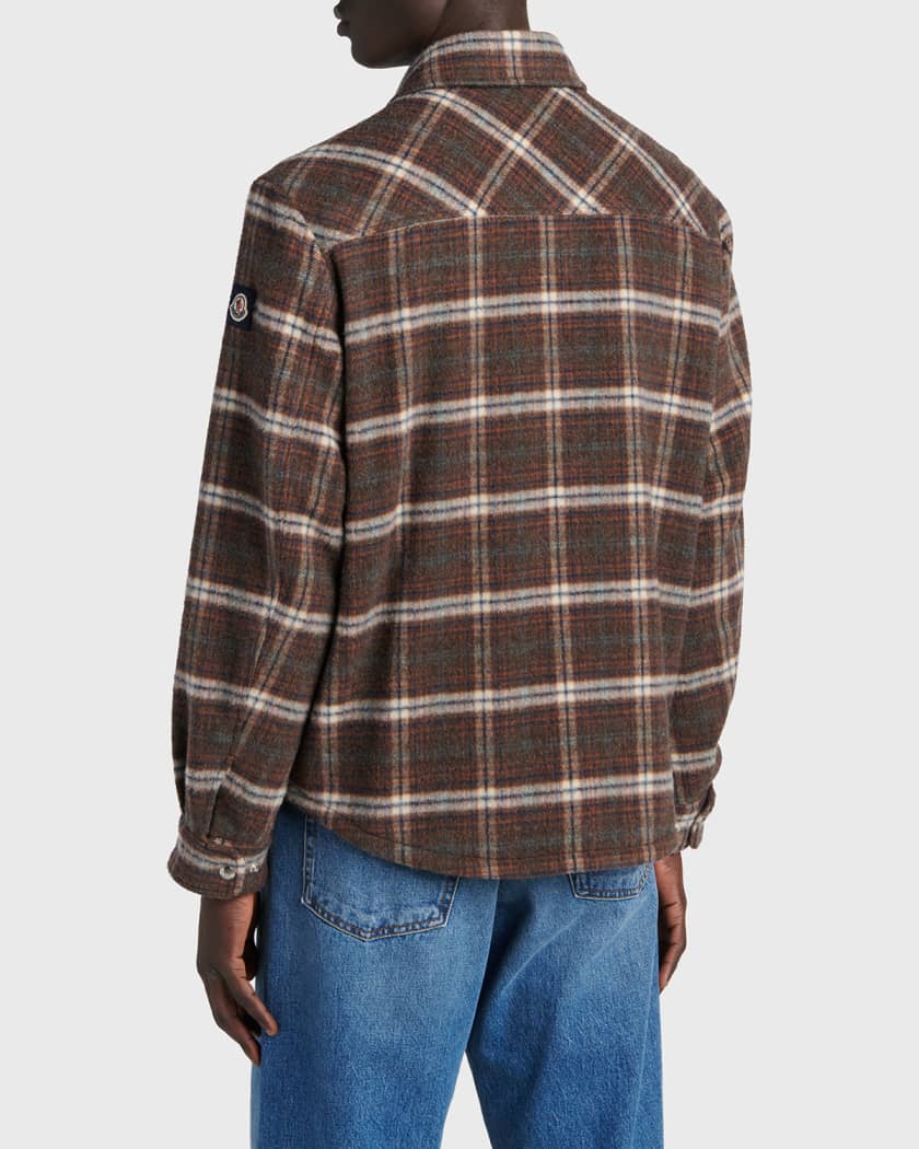 Moncler Men's Plaid Virgin Wool Snap-Front Overshirt | Neiman Marcus