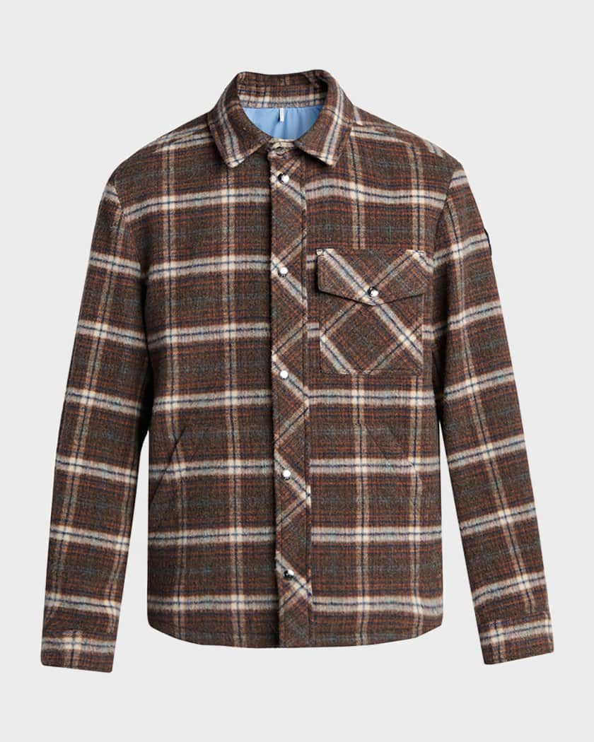 Moncler Men's Plaid Virgin Wool Snap-Front Overshirt | Neiman Marcus