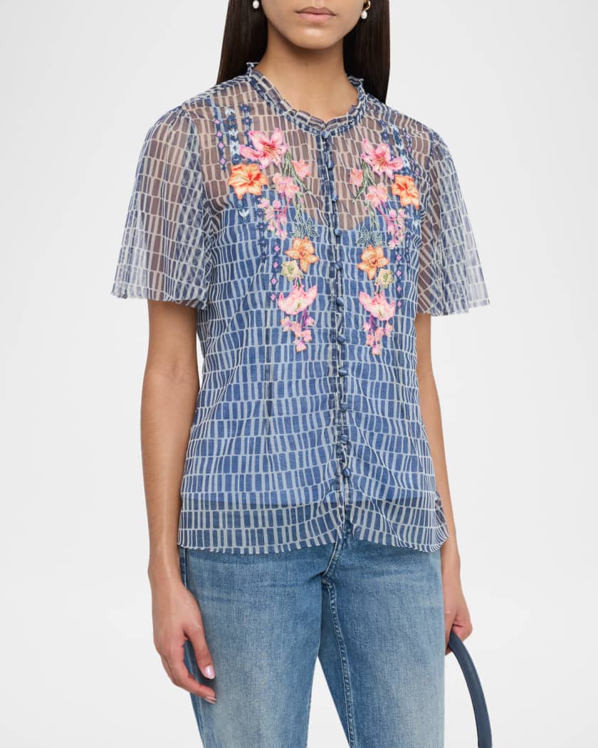 Johnny Was Leandra Embroidered Mesh Blouse | Neiman Marcus