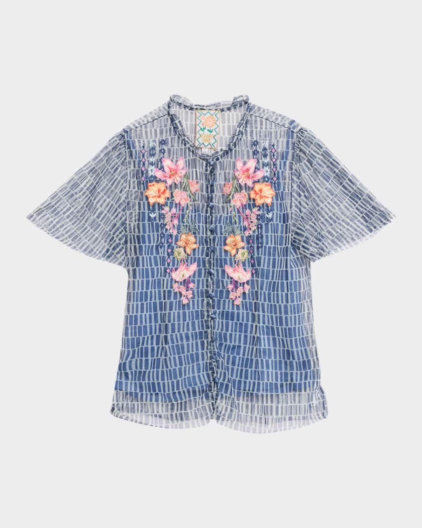 Johnny Was Leandra Embroidered Mesh Blouse | Neiman Marcus