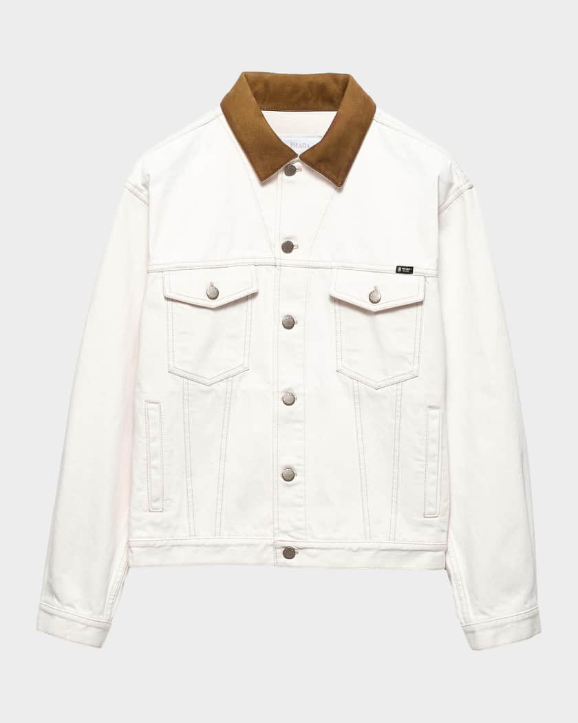 Prada Men's Denim Jacket with Leather Collar | Neiman Marcus