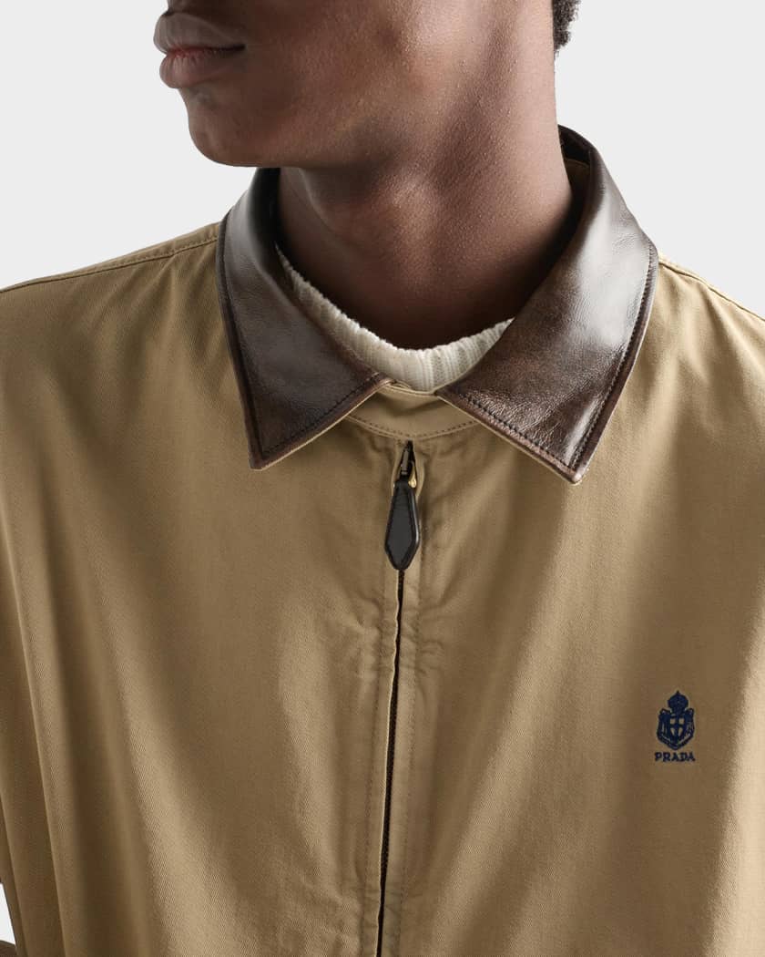 Prada Men's Cotton Jacket with Leather Collar | Neiman Marcus