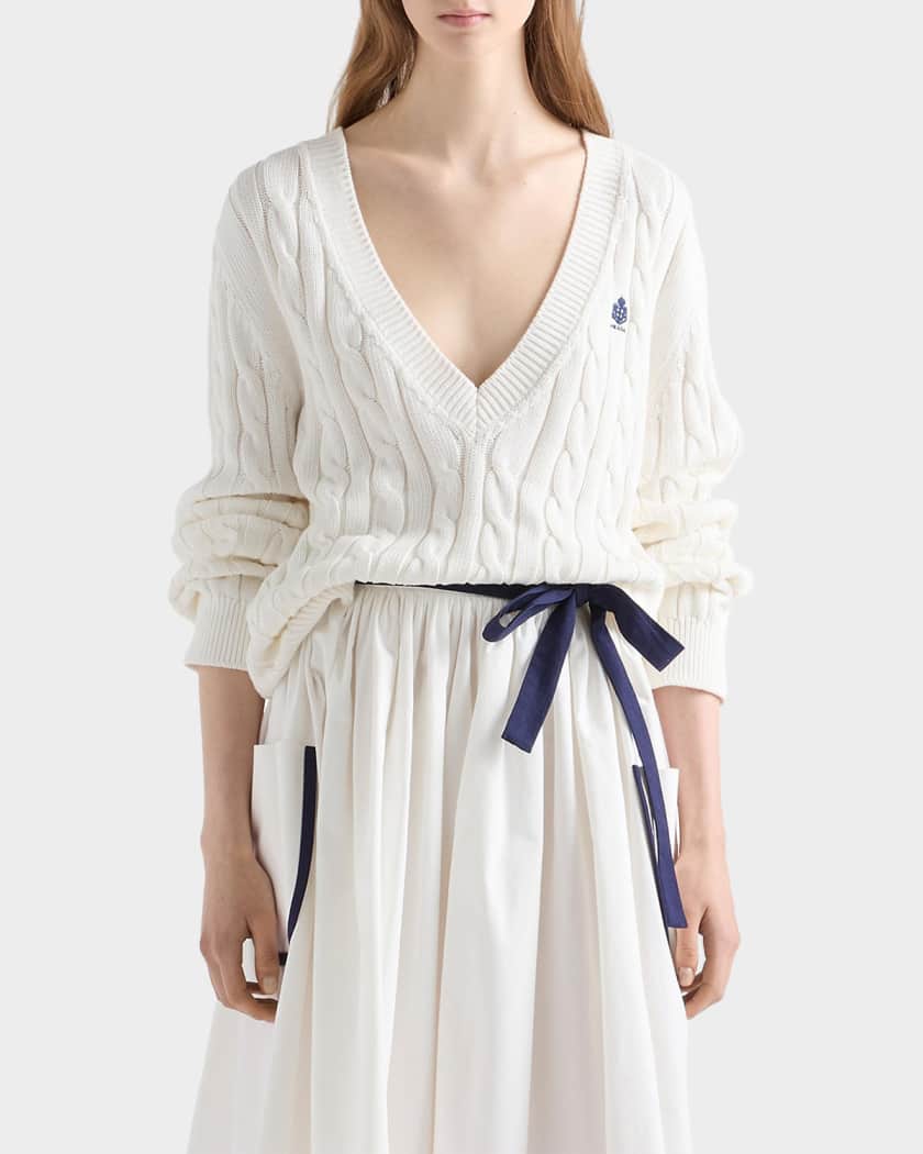 Prada Cable-Knit V-Neck Cotton Sweater | Neiman Marcus