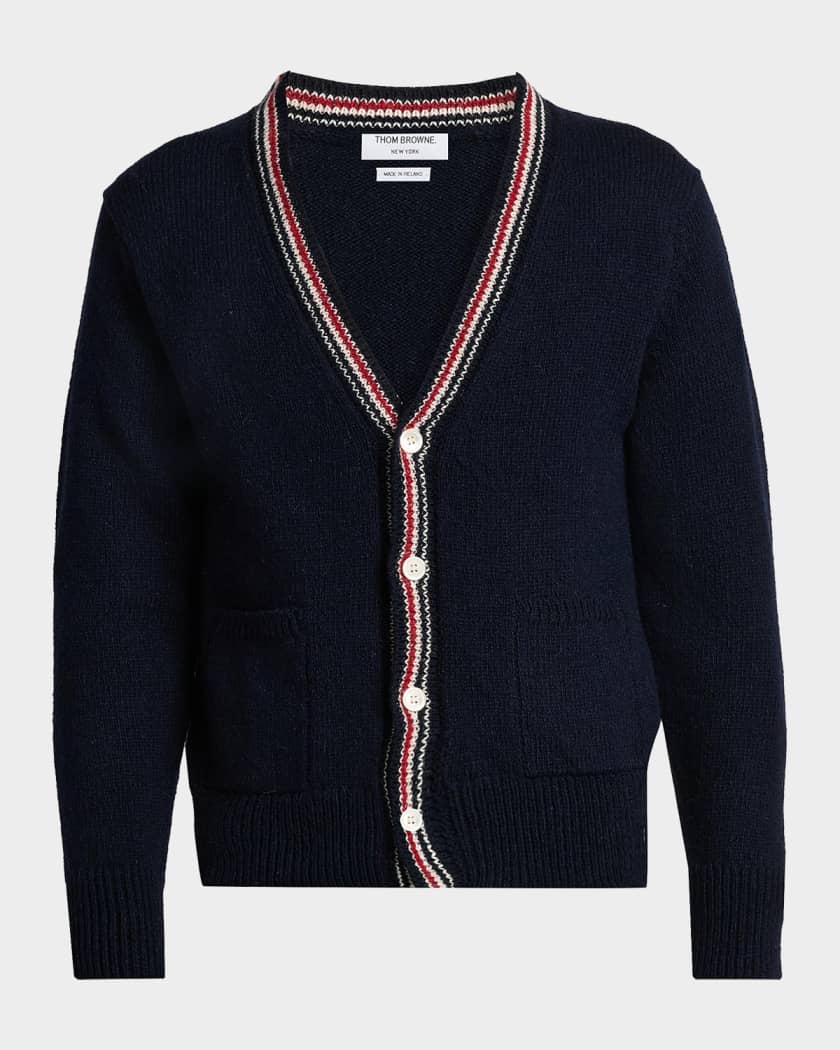 Thom Browne Men's Donegal RWB Stripe Wool-Mohair Cardigan | Neiman