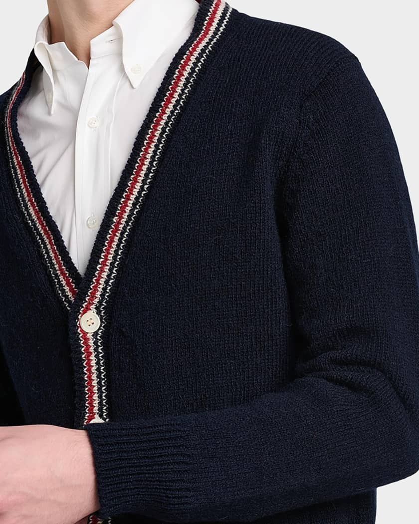 Thom Browne Men's Donegal RWB Stripe Wool-Mohair Cardigan | Neiman