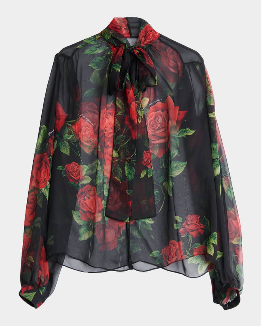 トップス DOLCE&GABBANA Dolce&Gabbana Rose-Print Silk Chiffon Bow-Neck Blouse | Neiman Marcus