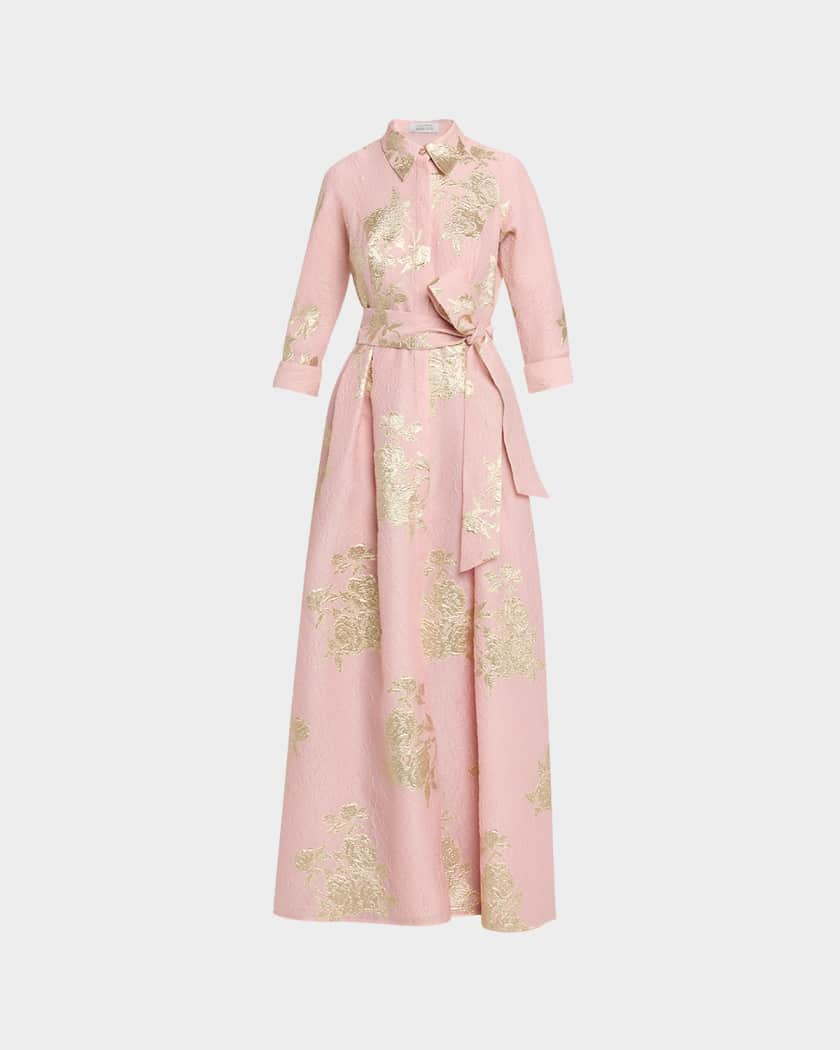 pink a line dress women Teri Jon Floral Jacquard Off the Shoulder Gown 217048