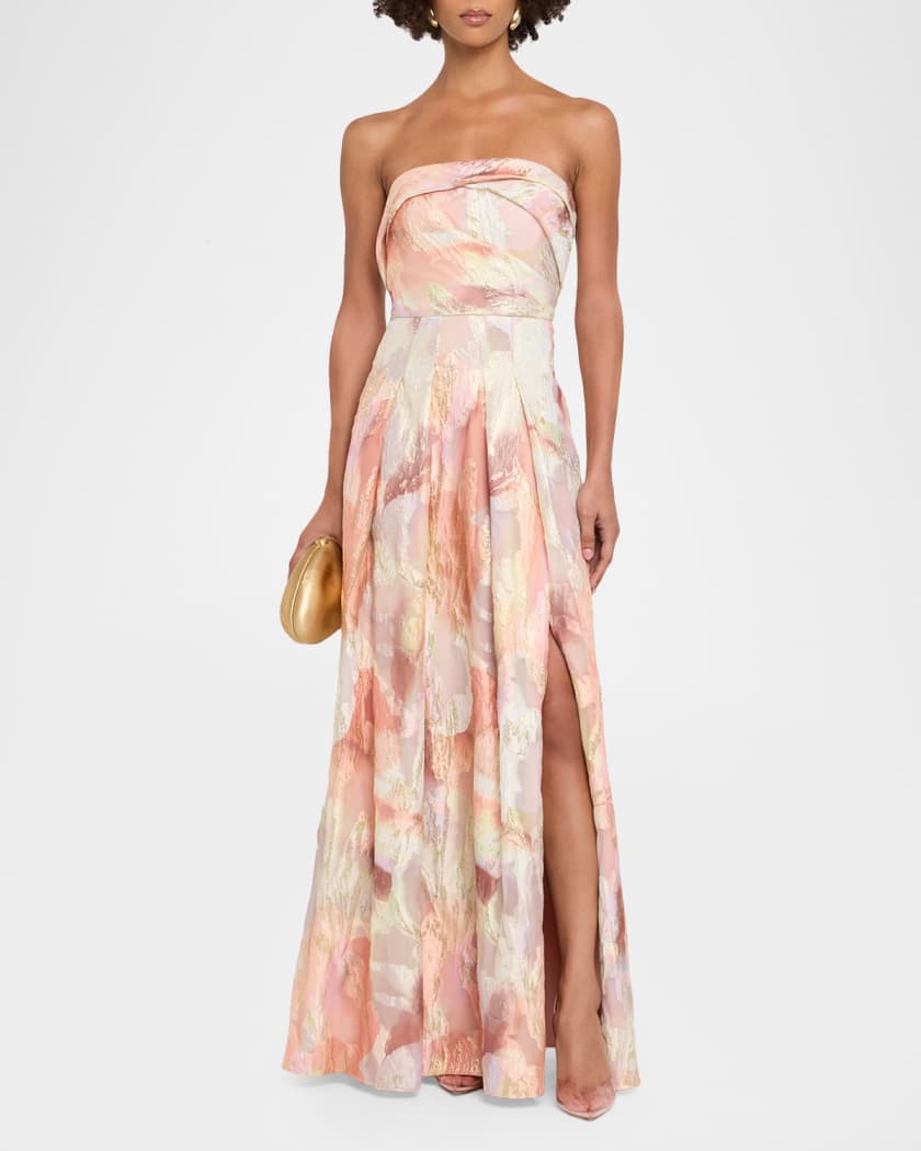 Aidan Mattox Pleated Strapless Metallic Jacquard Gown | Neiman Marcus