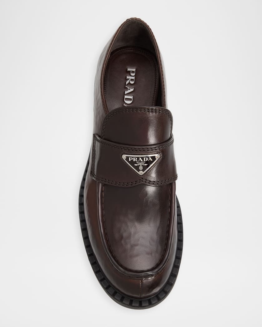 Prada Men's Leather Enamel Logo Moc-Toe Penny Loafers | Neiman Marcus