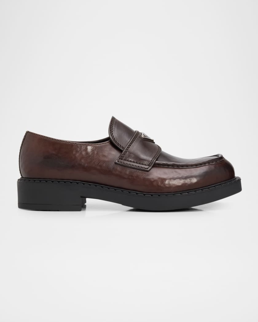 Prada Men's Leather Enamel Logo Moc-Toe Penny Loafers | Neiman Marcus