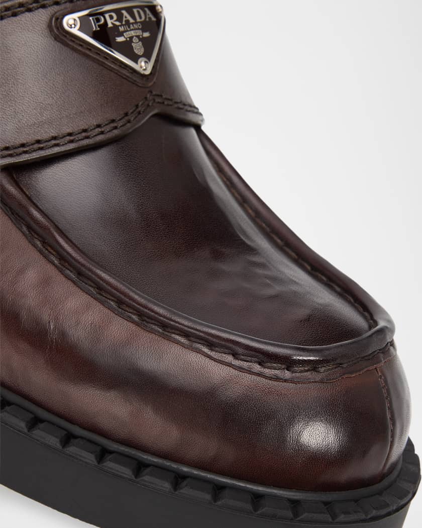 Prada Men's Leather Enamel Logo Moc-Toe Penny Loafers | Neiman Marcus